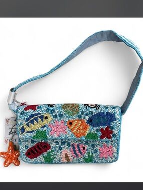 Made in India Under the Sea Hand beaded purse with fish design & starfish Charm